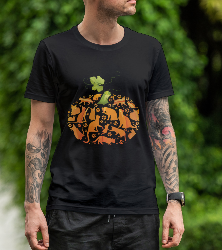 Cat Pumpkin Silhouette With Paws In Pumpkin Shape T-Shirt