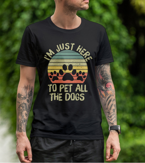 I'm Just Here To Pet All The Dogs Retro Paw Print Stripes T-Shirt