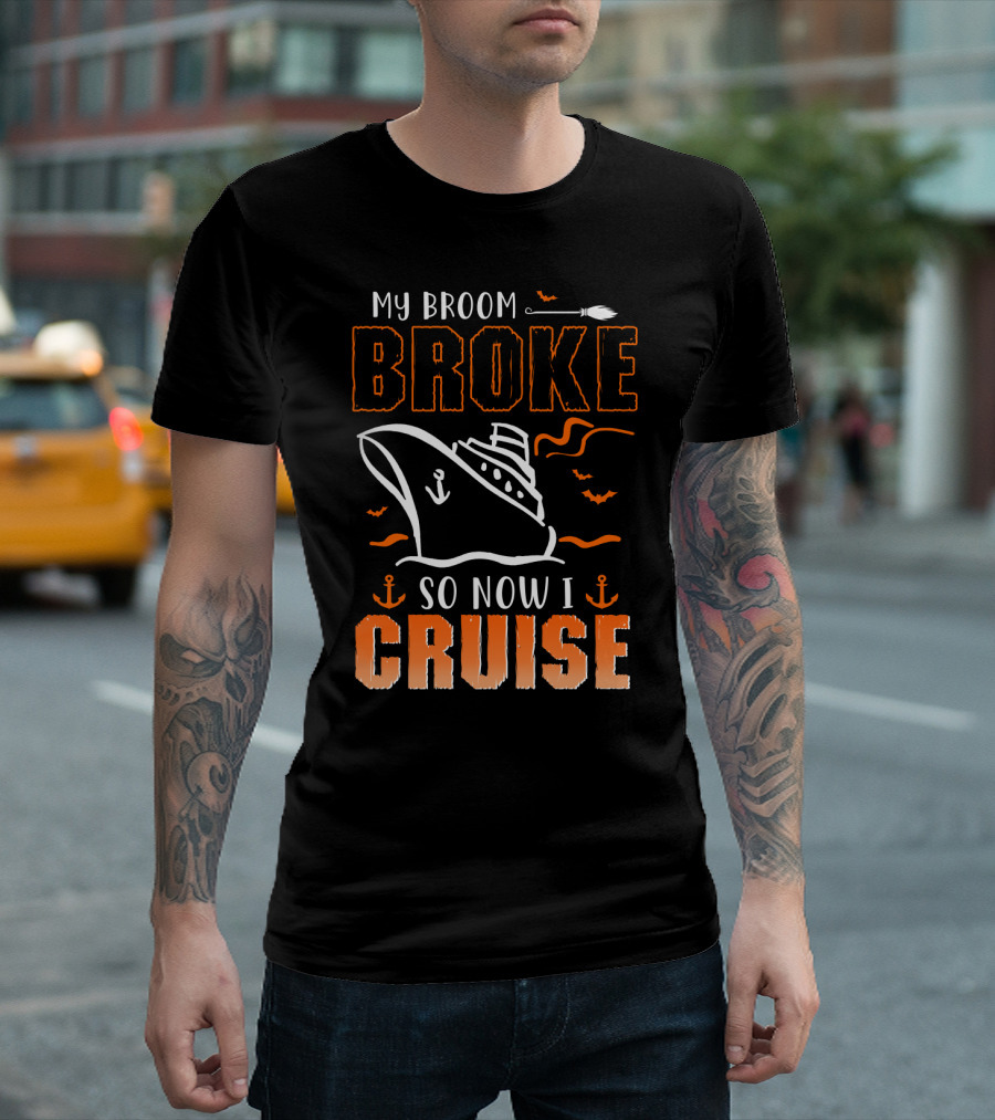 My Broom Broke So Now I Cruise Halloween Ship Bats Anchors Icons T-Shirt