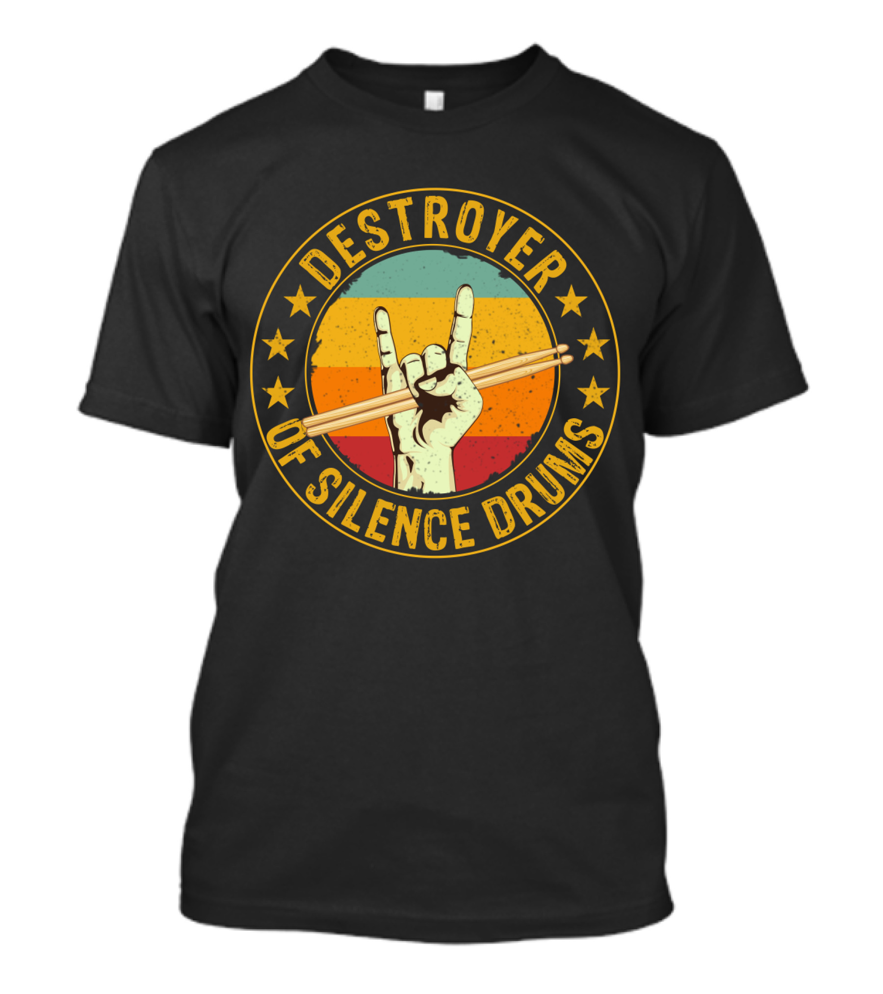 Destroyer Of Silence Drums Rock Hand Gesture Stars Retro Stripes T-Shirt
