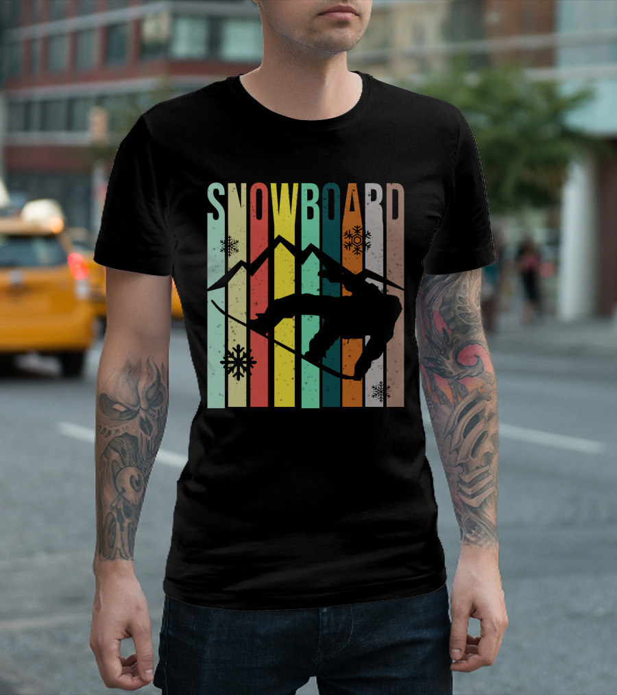 Snowboard Snowboarding Retro Mountain Silhouette Snowflakes T-Shirt