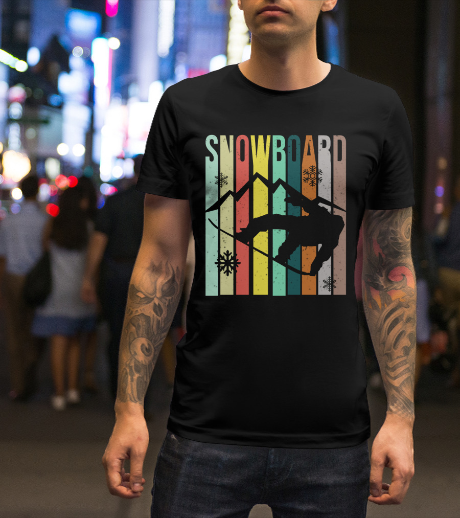 Snowboard Snowboarding Retro Mountain Silhouette Snowflakes T-Shirt