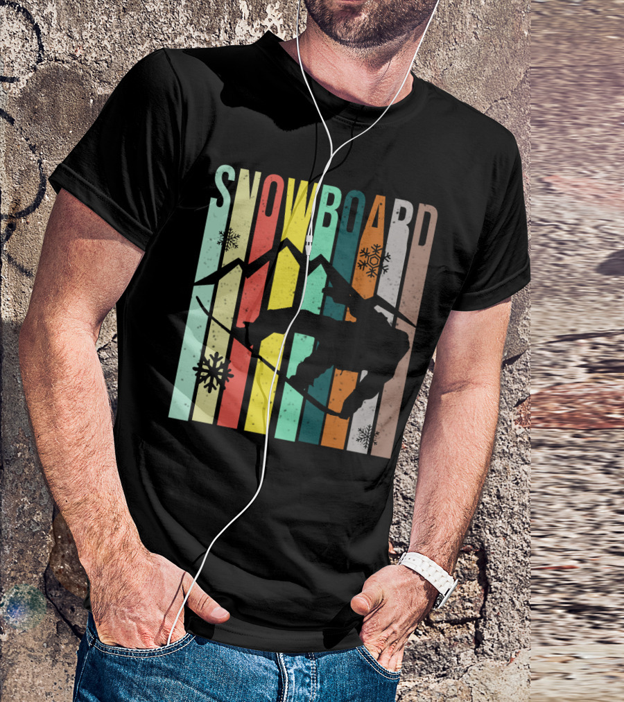 Snowboard Snowboarding Retro Mountain Silhouette Snowflakes T-Shirt