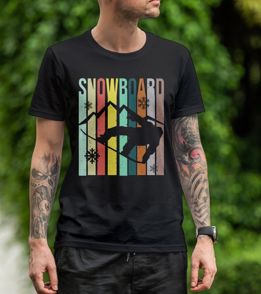 Snowboard Snowboarding Retro Mountain Silhouette Snowflakes T-Shirt