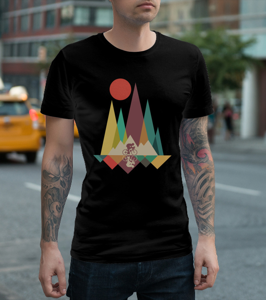 Mountain Biking Geometric Peaks and Sunburst T-Shirt