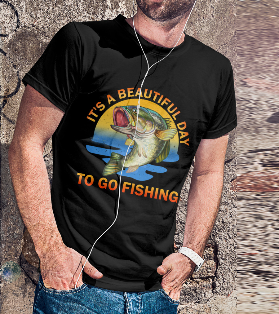 IT'S A BEAUTIFUL DAY TO GO FISHING Fish Jumping Sunset Scene T-Shirt