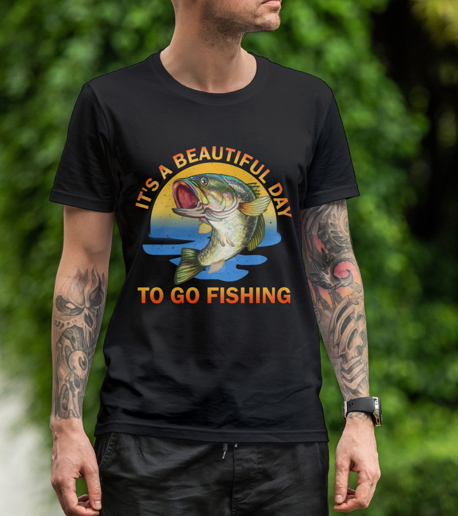 IT'S A BEAUTIFUL DAY TO GO FISHING Fish Jumping Sunset Scene T-Shirt