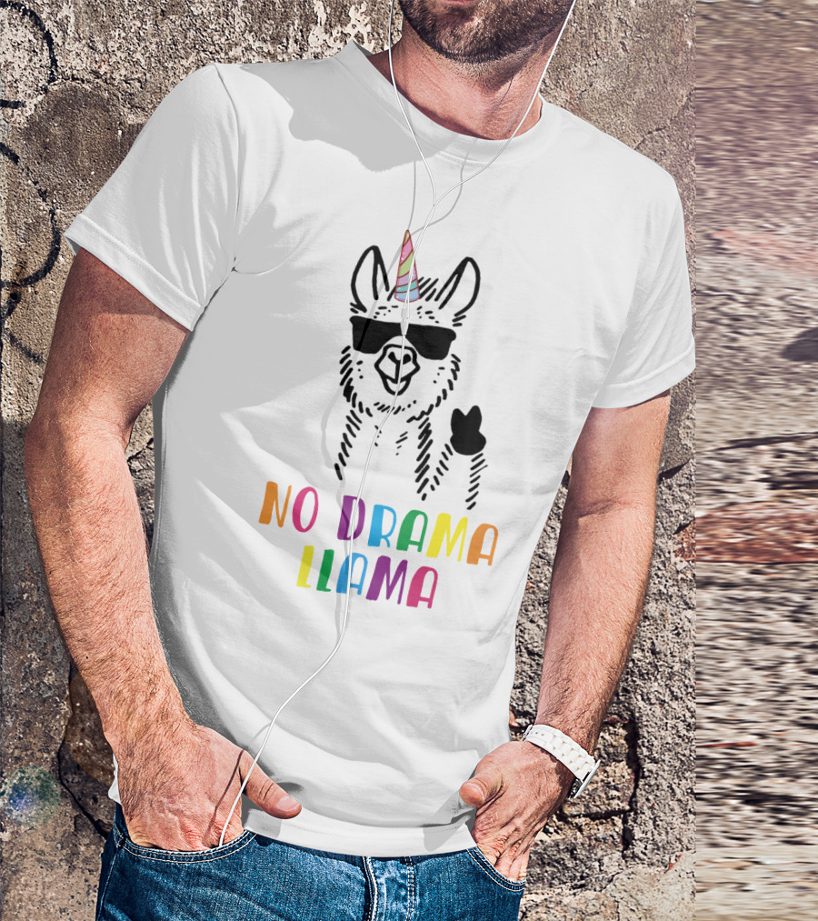 Llamacorn No Drama Llama Funny Unicorn Rainbow Text Sunglasses Peace Sign T-Shirt
