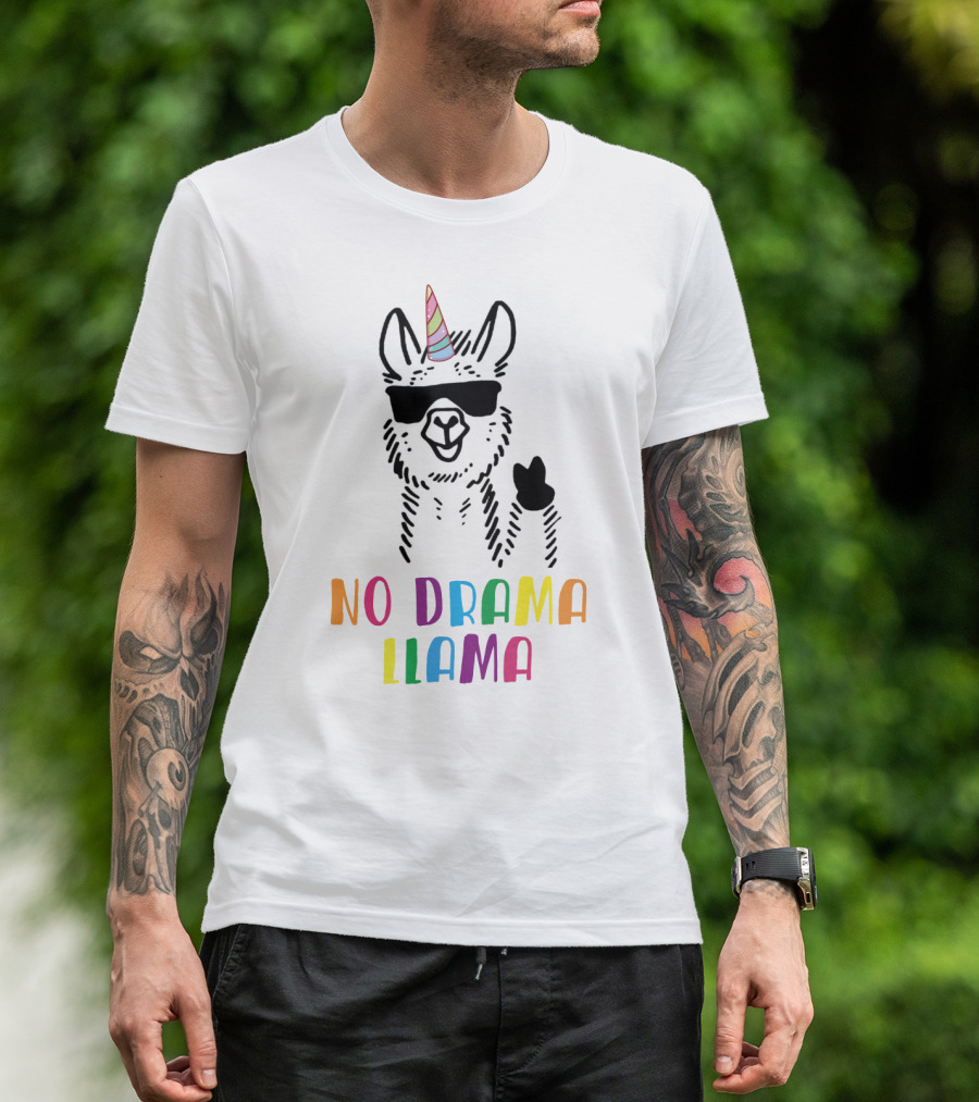 Llamacorn No Drama Llama Funny Unicorn Rainbow Text Sunglasses Peace Sign T-Shirt