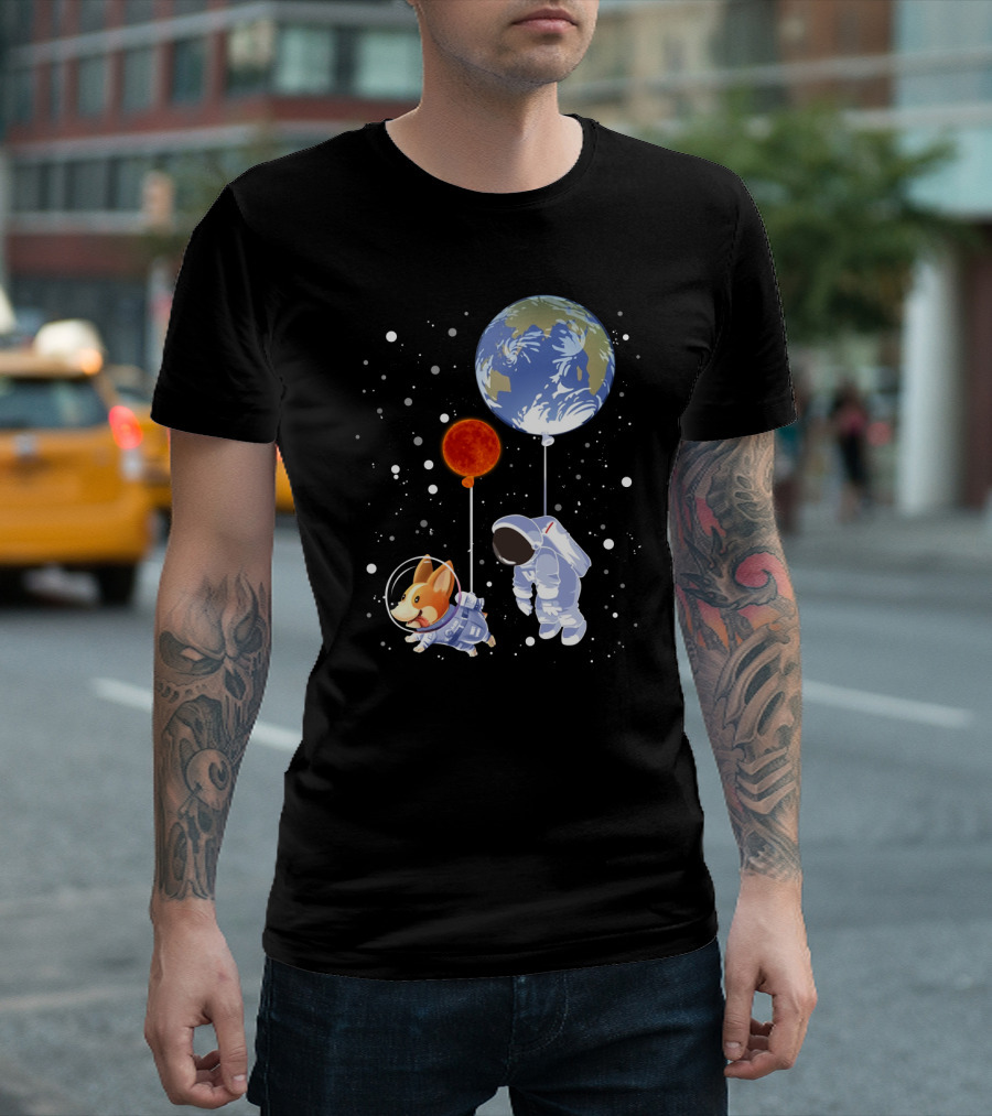 Corgi Astronaut And Human Floating With Earth And Mars Balloons In Space T-Shirt
