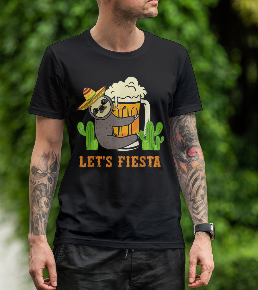 Let's Fiesta Sloth With Beer And Mexican Cactus Celebrating Cinco De Mayo T-Shirt