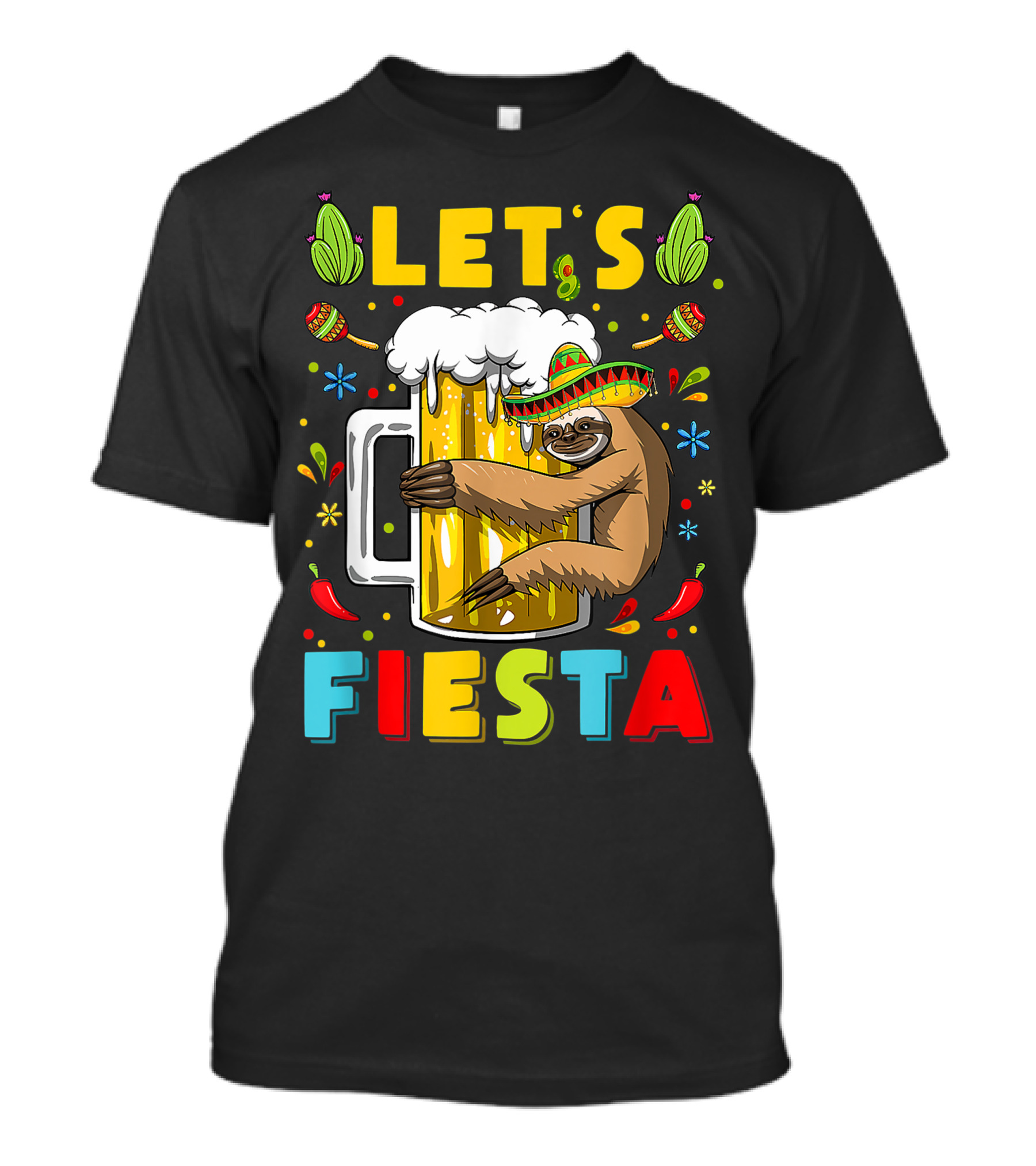 Fiesta Sloth Hugging Beer Mug With Sombrero And Mexican Decor For Cinco De Mayo T-Shirt