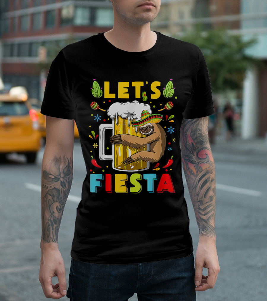 Fiesta Sloth Hugging Beer Mug with Sombrero and Mexican Decor for Cinco De Mayo T-Shirt