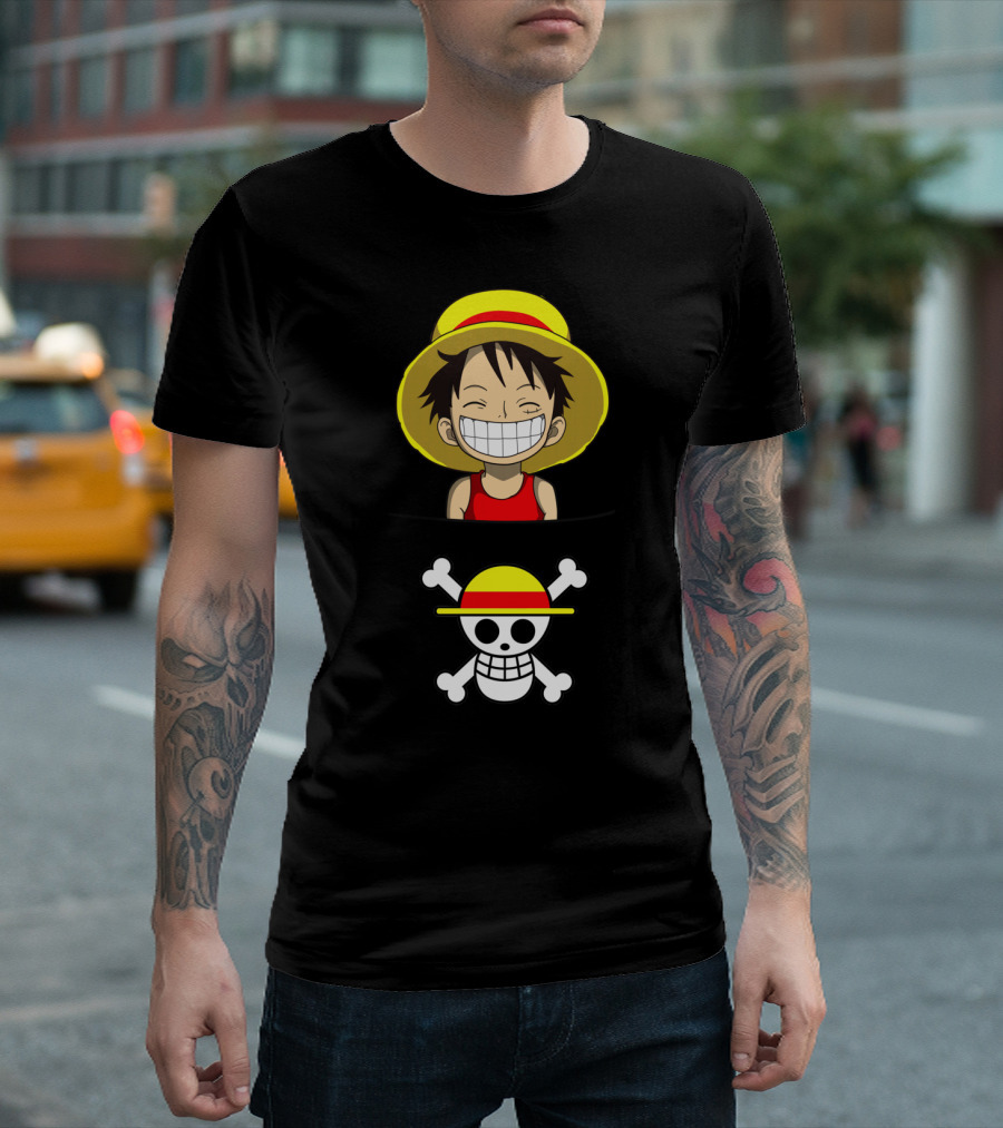 Cheeky Pirate with Straw Hat and Skull Emblem in Pocket T-Shirt