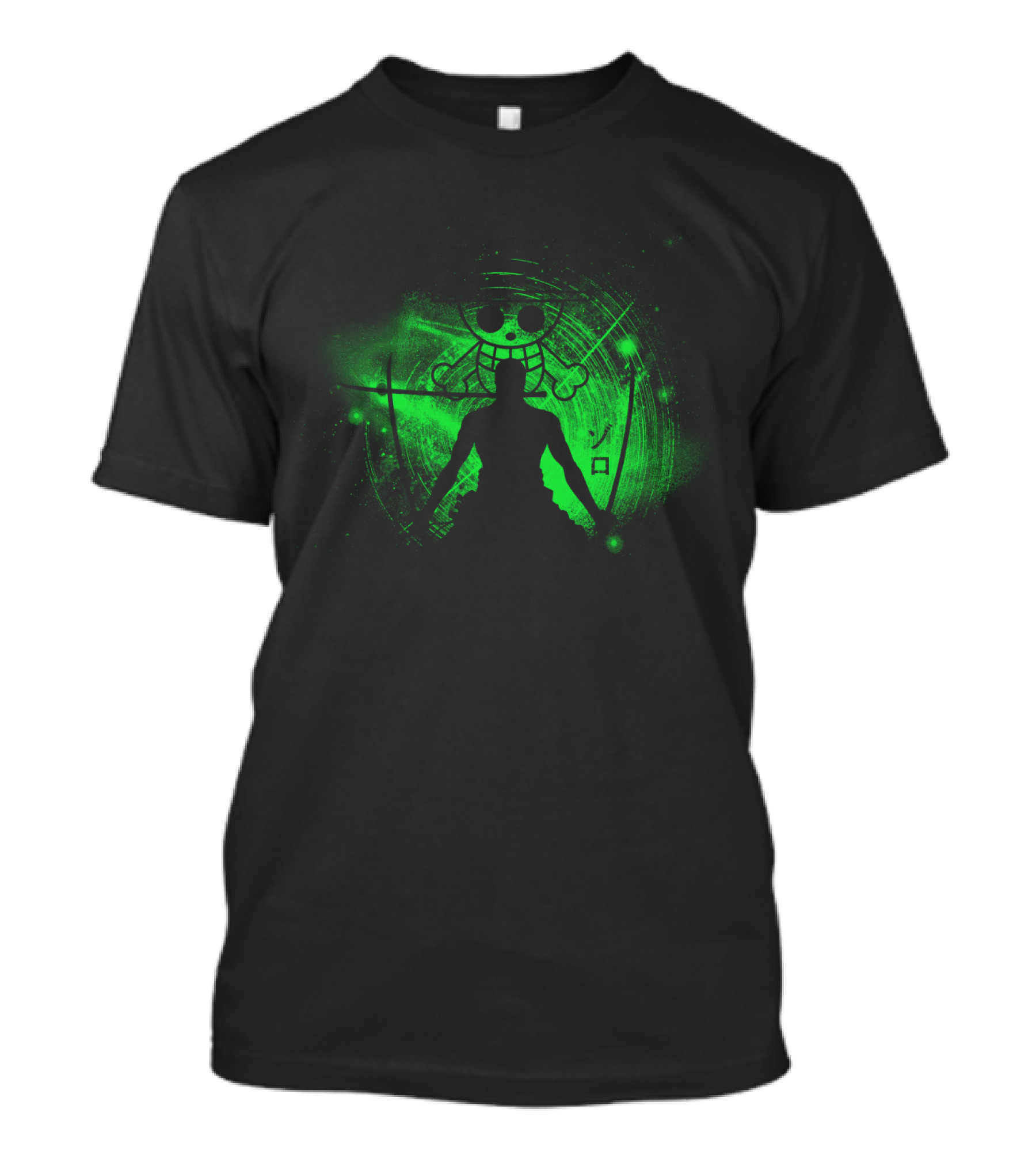 One Piece Roronoa Zoro Swordsman Silhouette With Pirate Jolly Roger Background T-Shirt