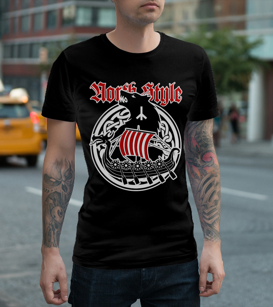 North Style Viking Longship and Nordic Wolf T-Shirt