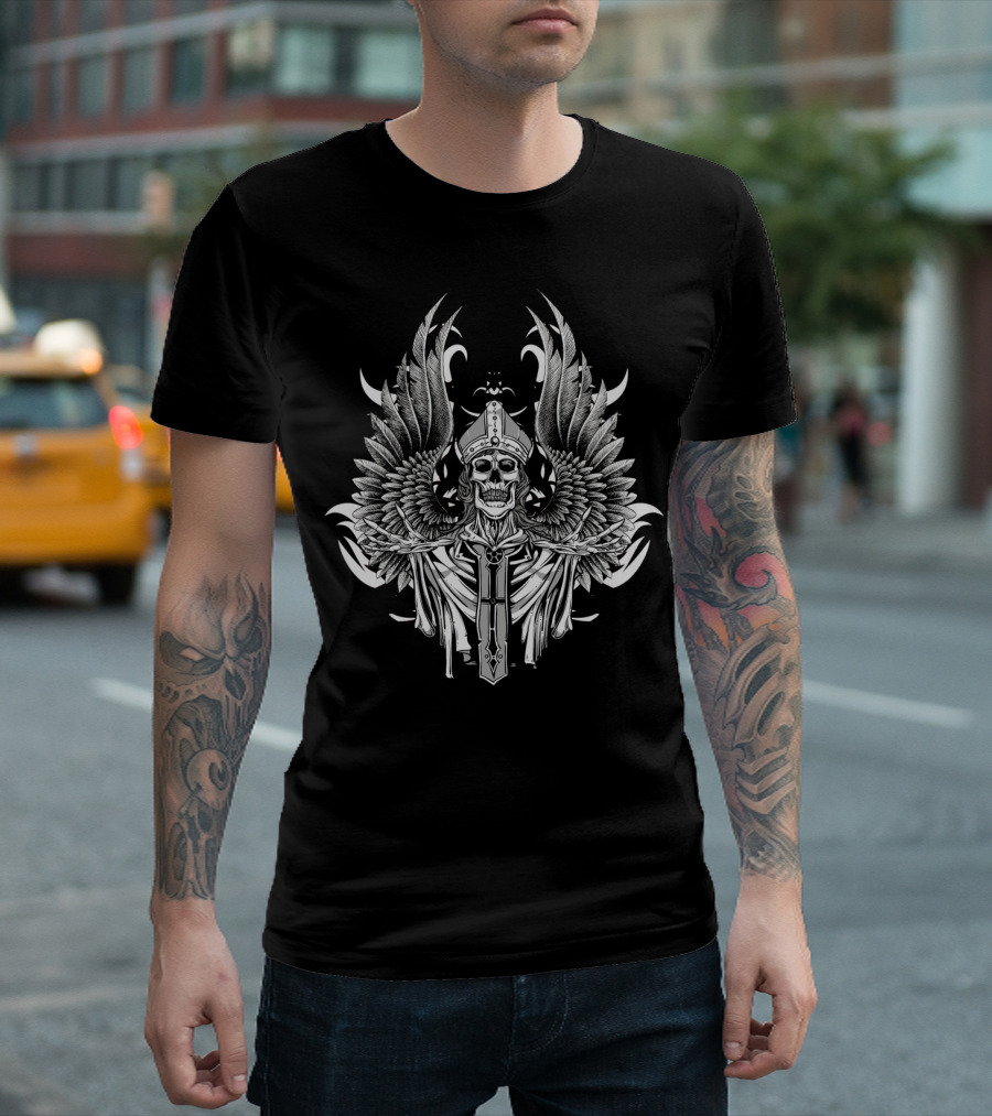 PREIST ANGEL VIKING WINGED SKULL WITH ARMOR AND SWORD T-Shirt