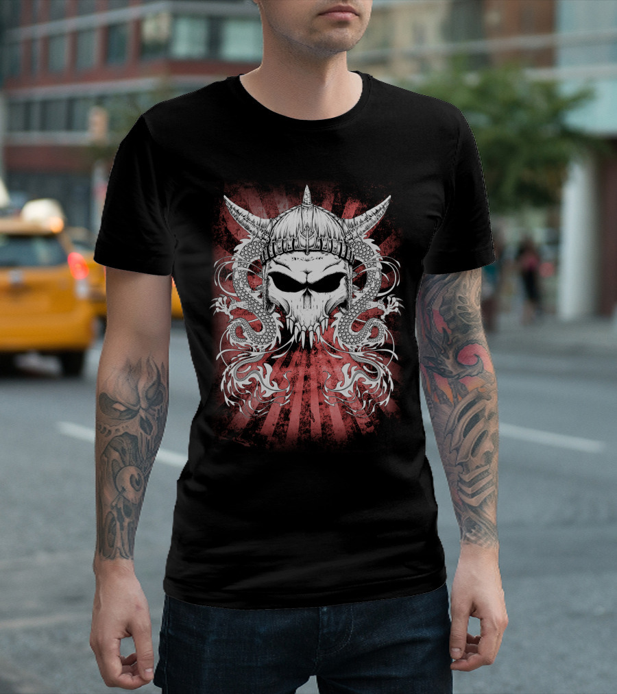 Viking Skull with Horned Helmet and Serpents T-Shirt