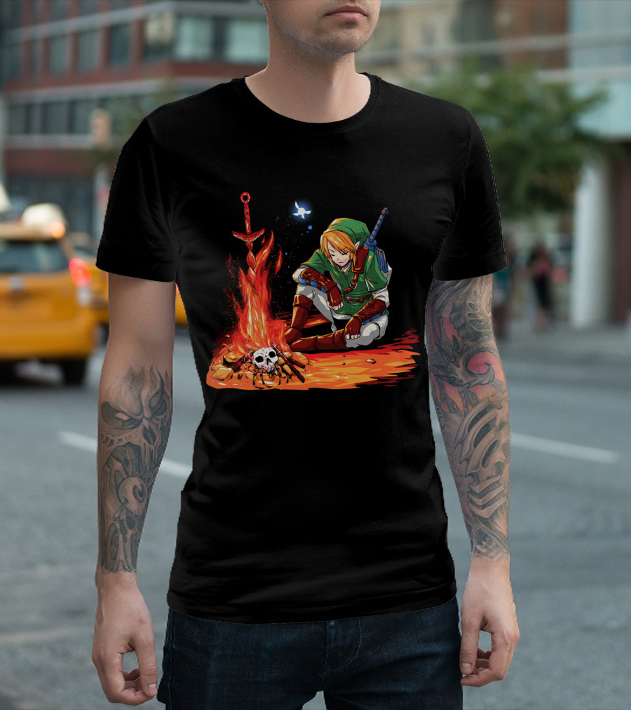 Dark Link Legend of Zelda Link by Campfire with Sword and Navi T-Shirt
