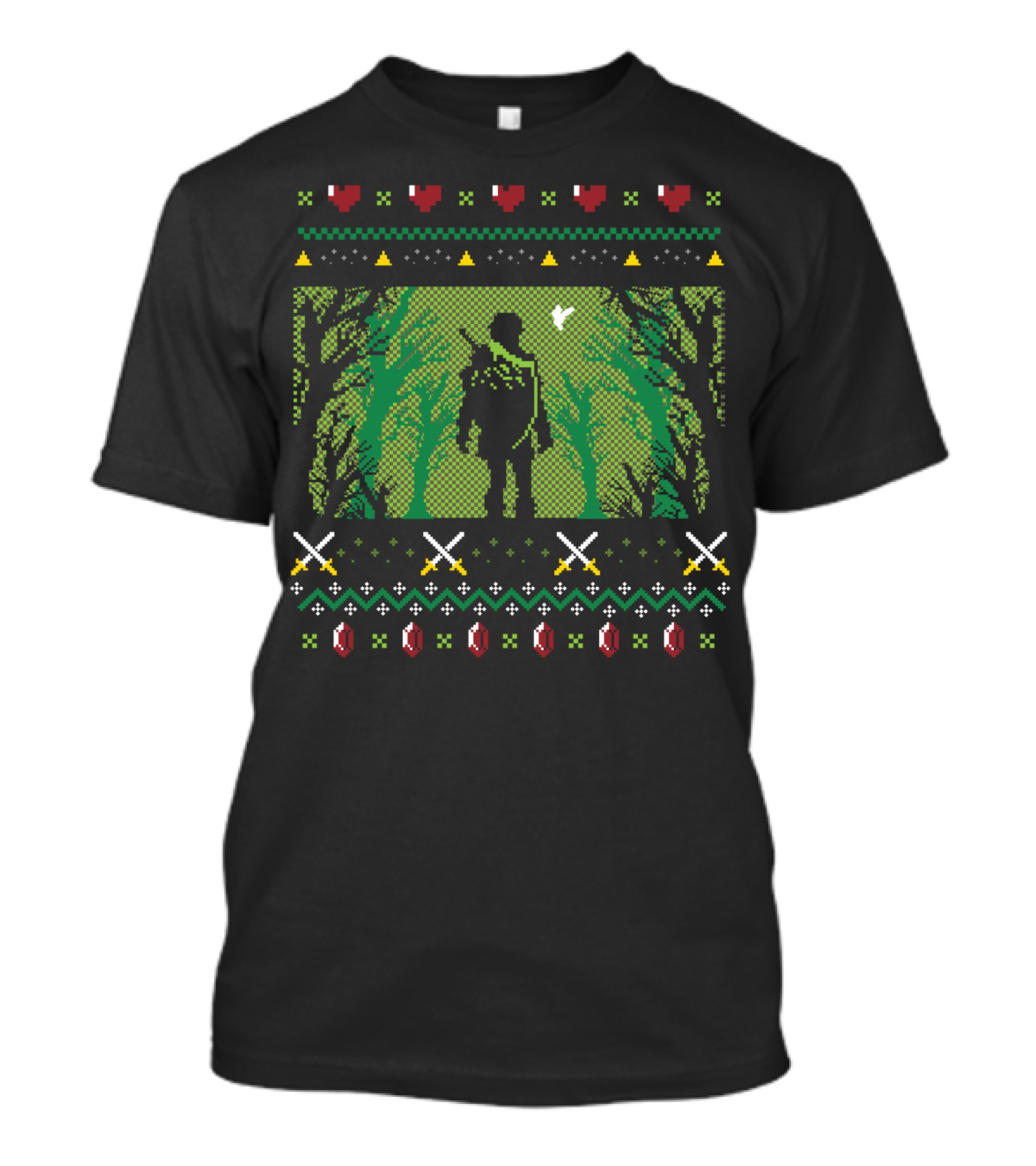 Legend Of Zelda Link Forest Pixel Art Hearts Swords Rupees T-Shirt