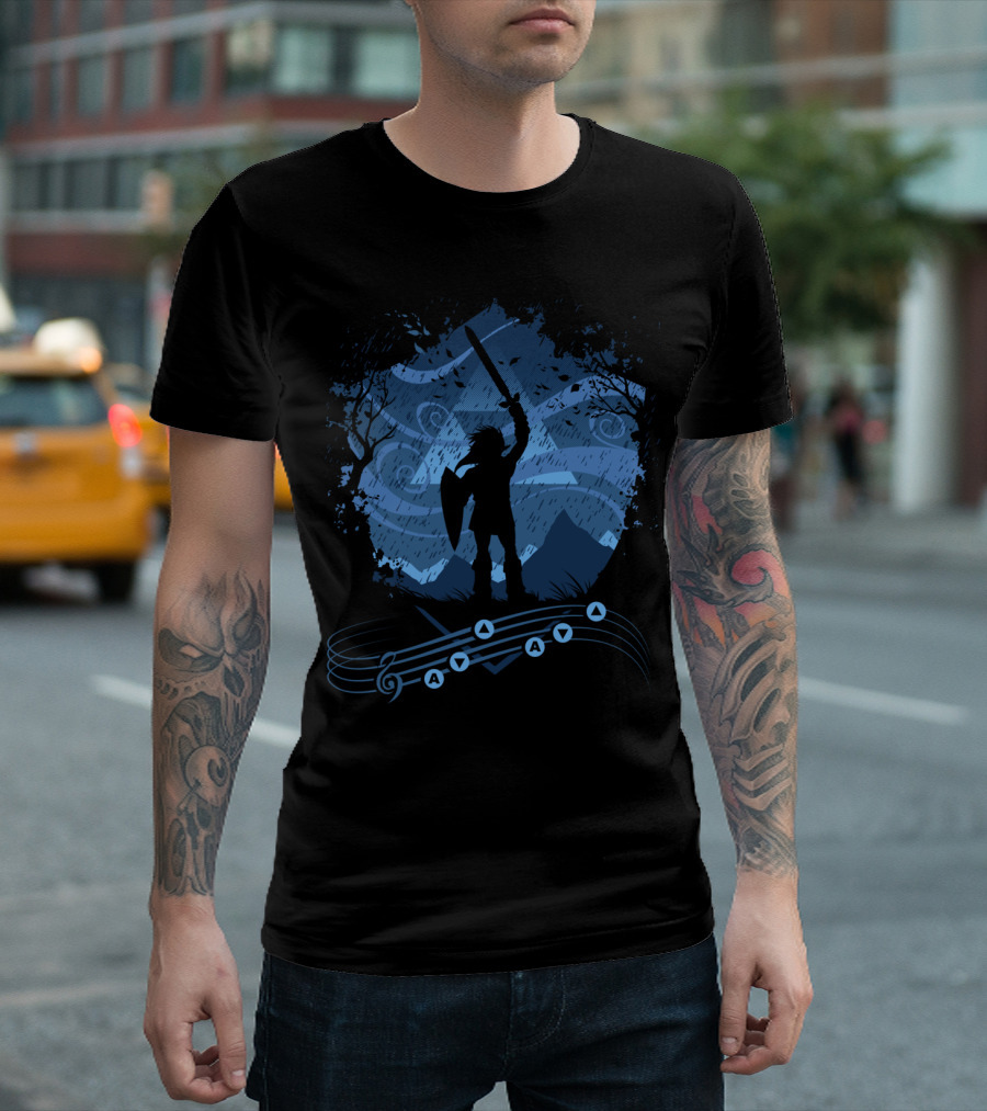 Song Of Storms Legend Of Zelda Link Silhouette With Musical Notes And Sword Uplifted T-Shirt