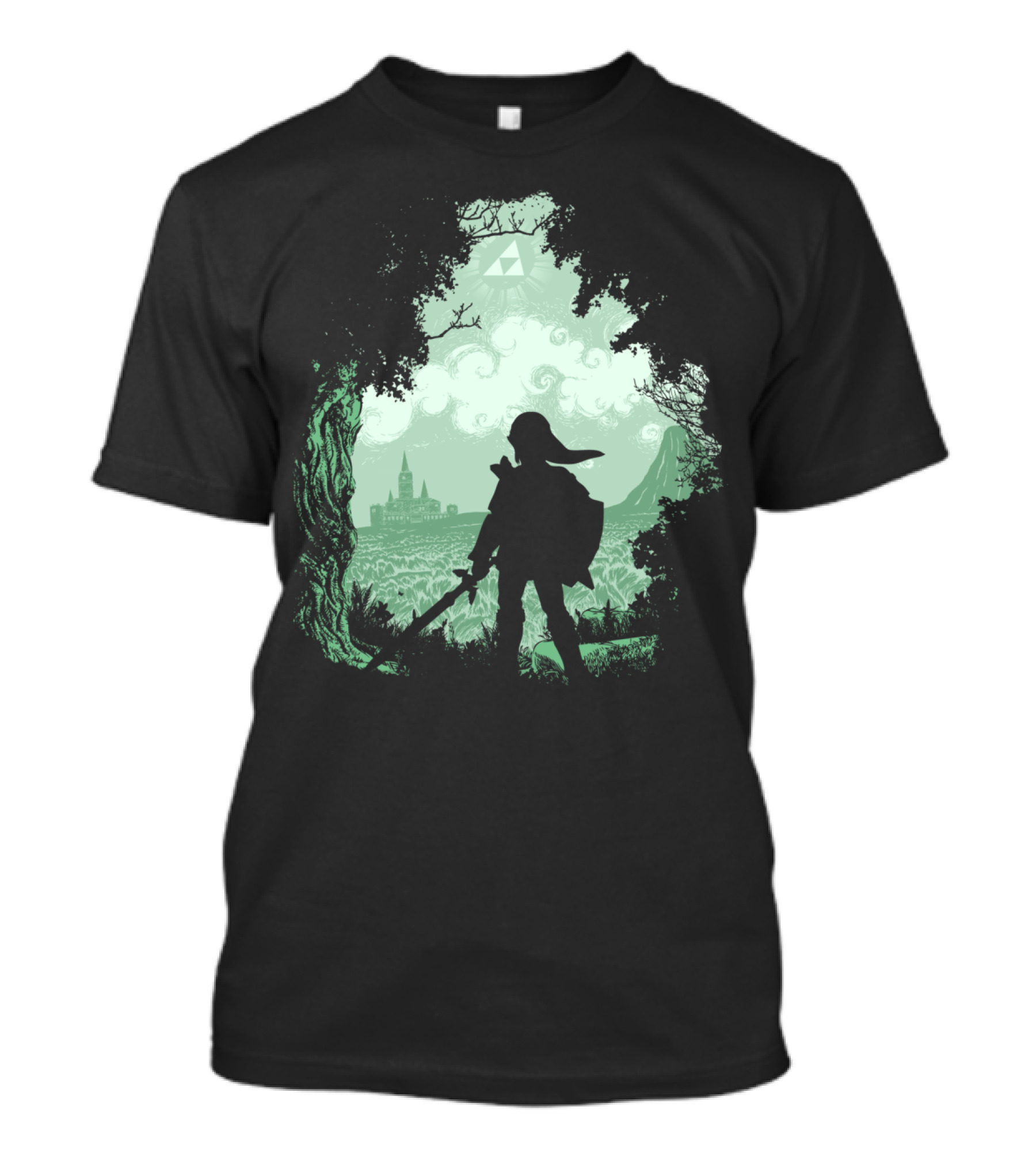 The Adventure Begins Legend Of Zelda Link Silhouette With Hyrule And Triforce In Forest Scene T-Shirt