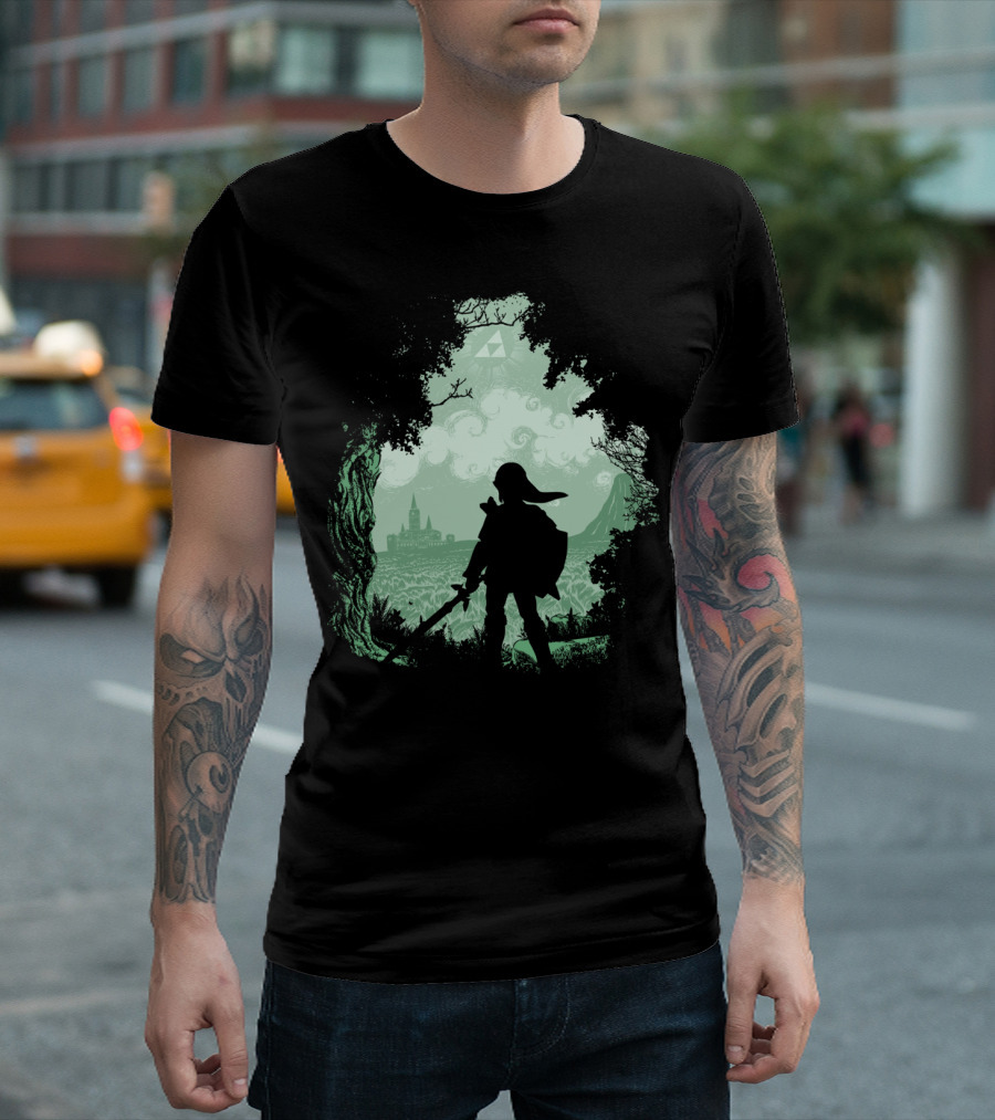 The Adventure Begins Legend Of Zelda Link Silhouette With Hyrule And Triforce In Forest Scene T-Shirt