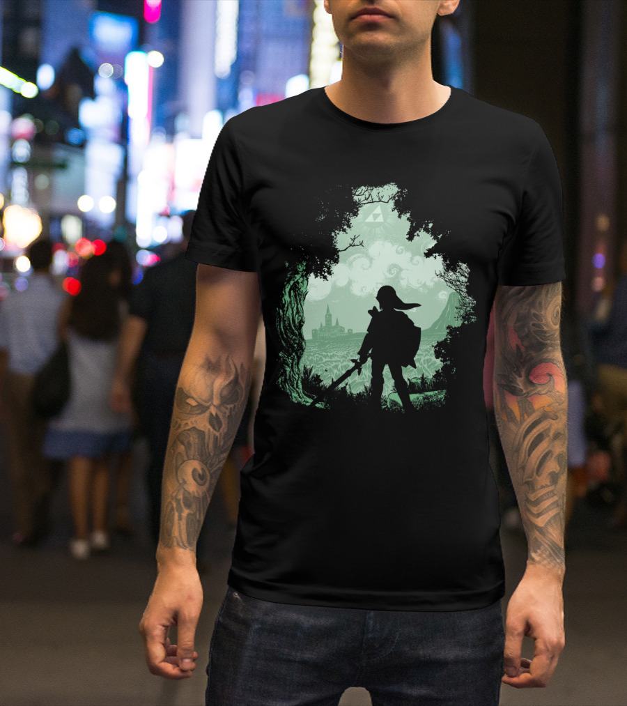 The Adventure Begins Legend Of Zelda Link Silhouette With Hyrule And Triforce In Forest Scene T-Shirt