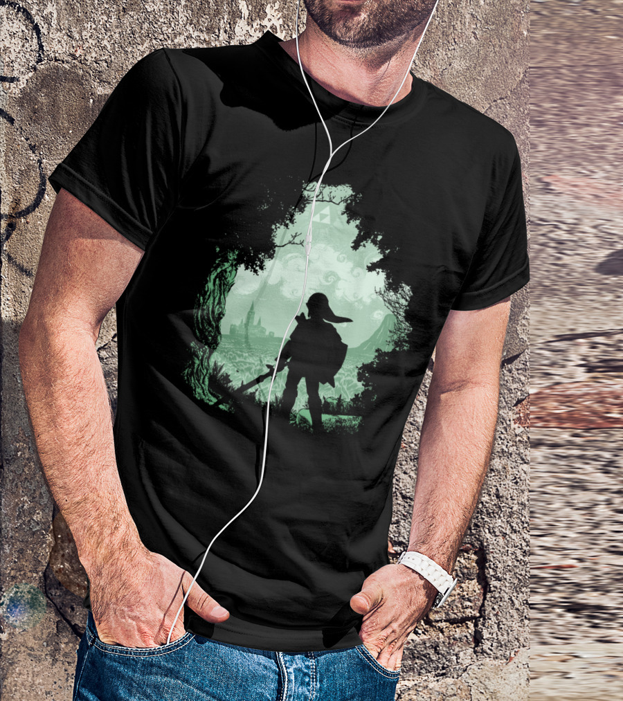 The Adventure Begins Legend Of Zelda Link Silhouette With Hyrule And Triforce In Forest Scene T-Shirt
