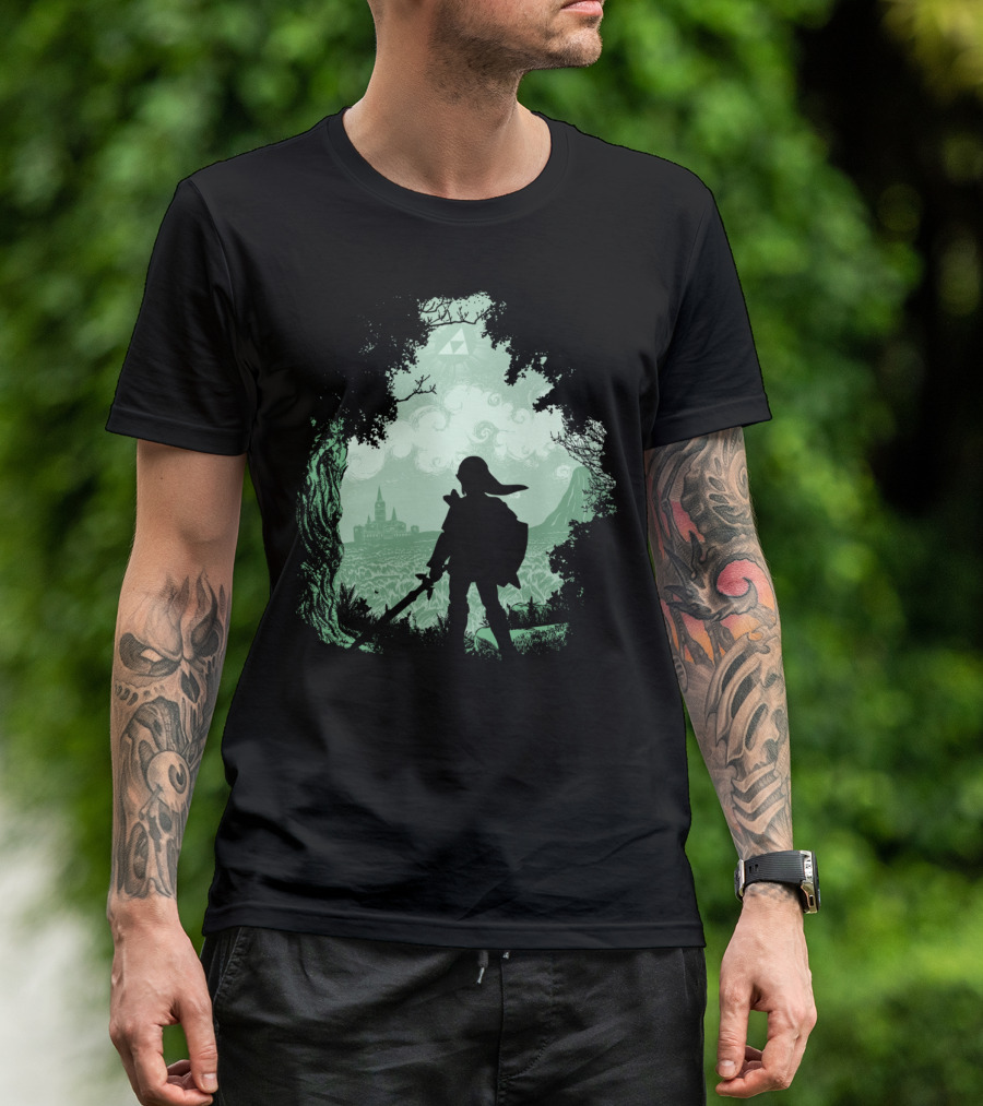 The Adventure Begins Legend Of Zelda Link Silhouette With Hyrule And Triforce In Forest Scene T-Shirt