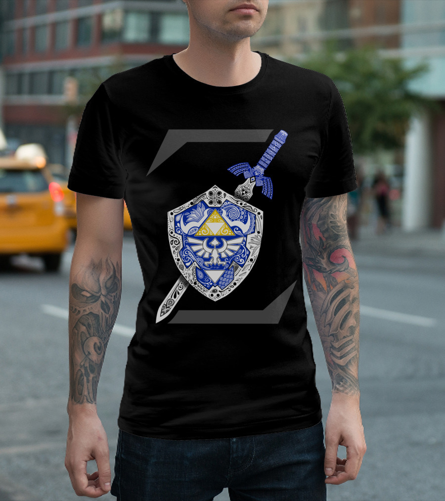 Zelda Link Triforce Hylian Shield and Master Sword with Z T-Shirt