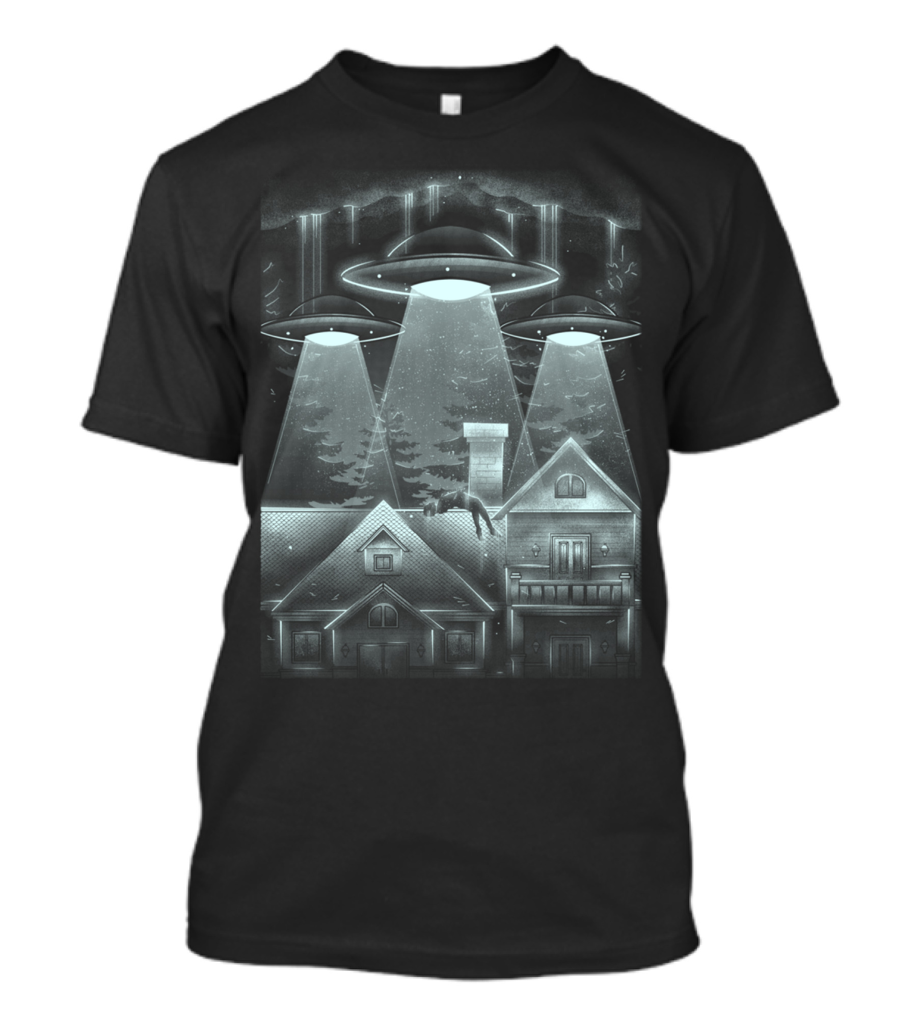 Surreal Night Vision: Alien Abduction House Under UFO Lights T-Shirt
