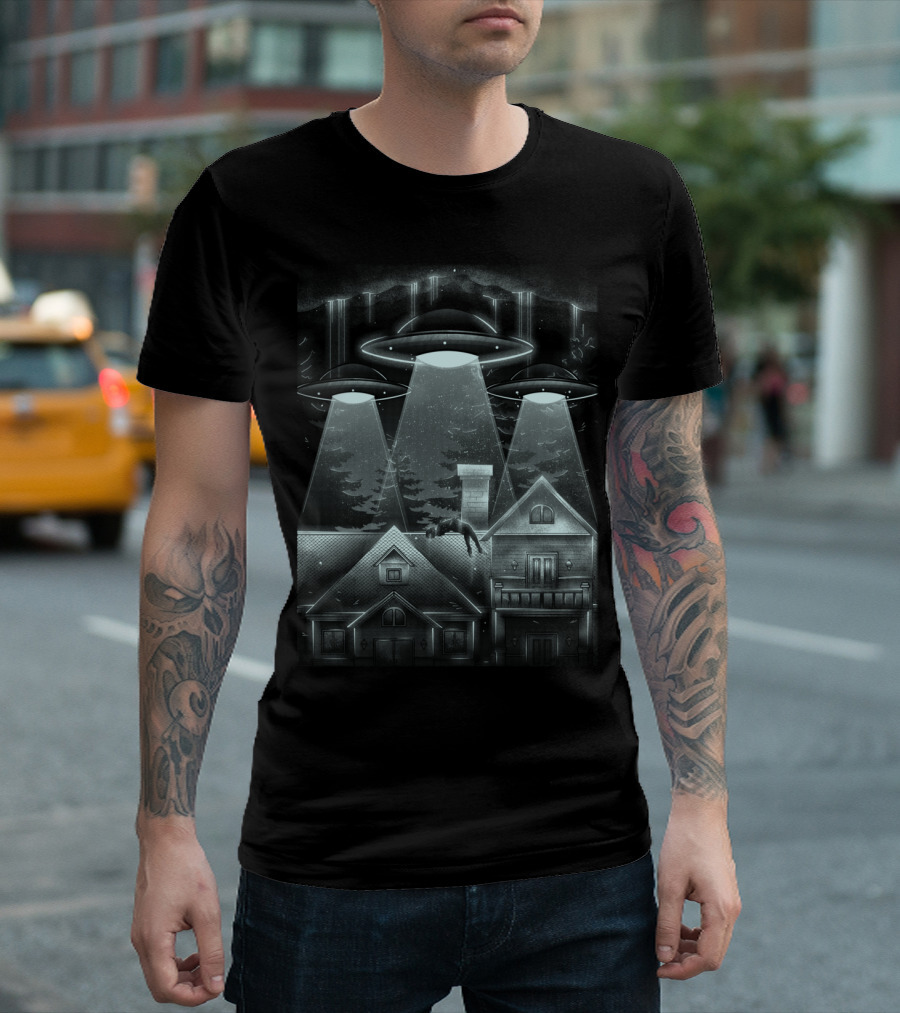 Surreal Night Vision: Alien Abduction House Under UFO Lights T-Shirt