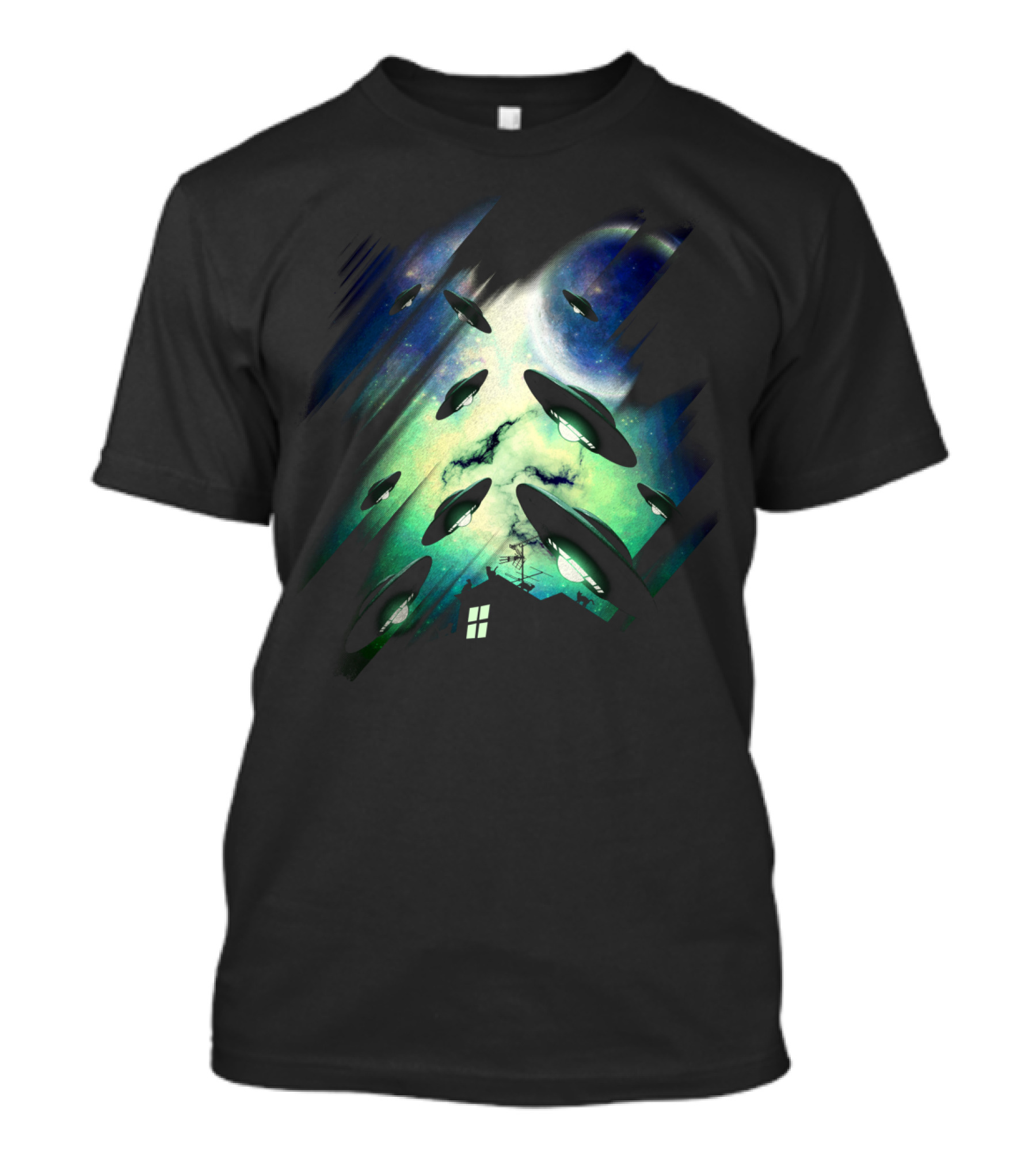 UFO On The Way Galaxy Sky Scene With Flying Saucers Over House T-Shirt