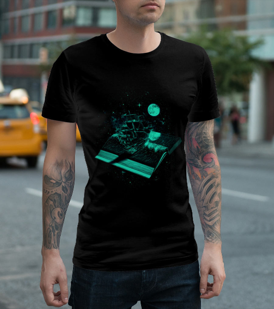 Navigating the Open Book Sea Under the Moonlight T-Shirt