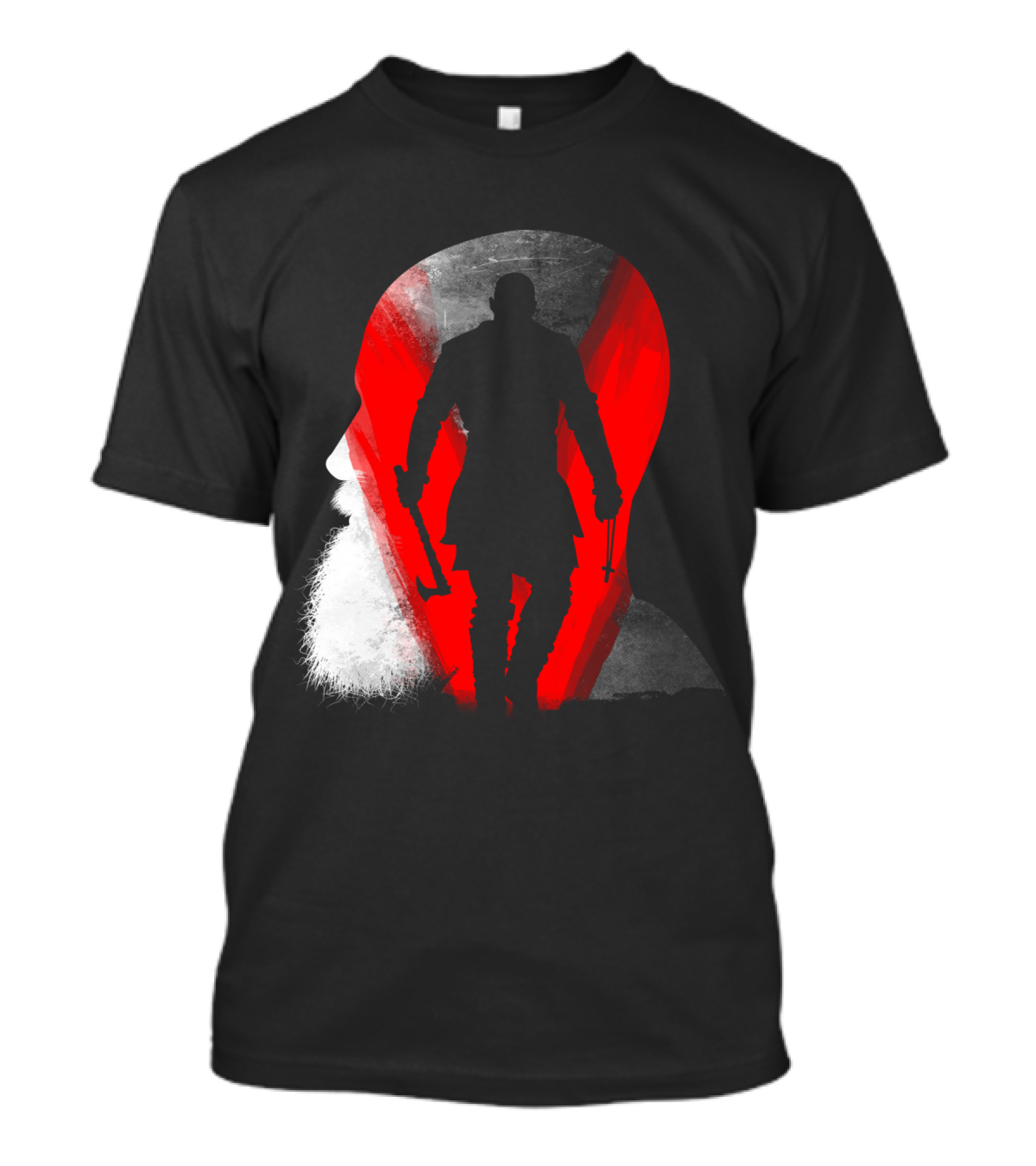 Viking Warrior Silhouette In Profile With Hammer And Beard Against Red T-Shirt
