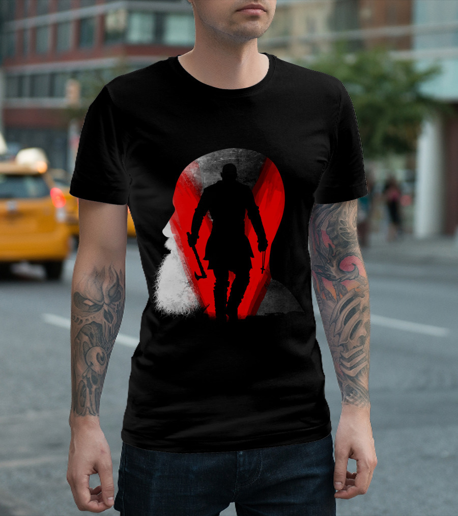 Viking Warrior Silhouette In Profile With Hammer And Beard Against Red T-Shirt