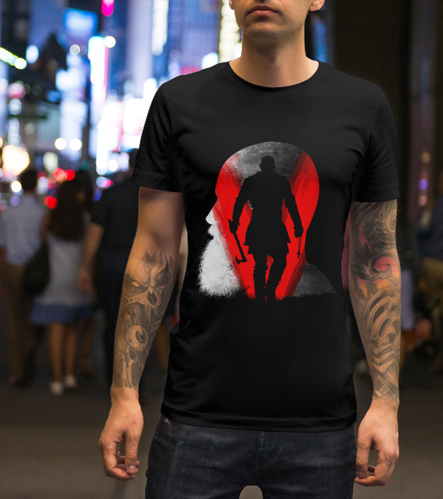 Viking Warrior Silhouette In Profile With Hammer And Beard Against Red T-Shirt
