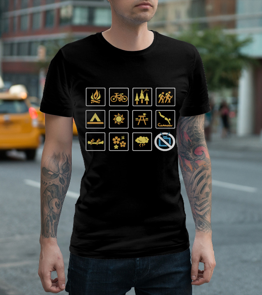 Campfire Bicycle Trees Hiking Tent Sun Picnic Swimming Bird Flowers Thunderstorm No Television T-Shirt