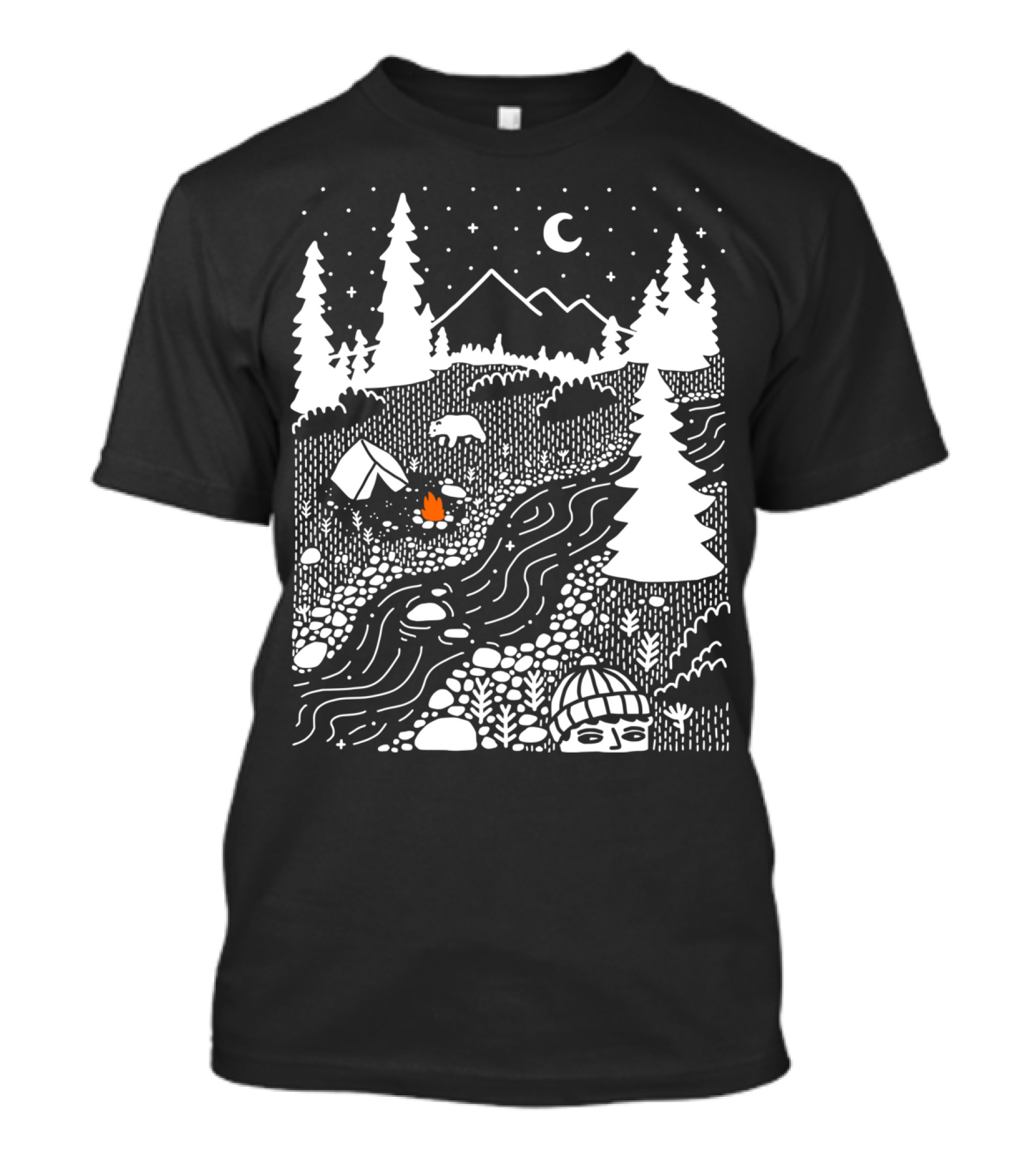 Unwelcome Guest Camping Outdoor Scene With River And Forest Under Night Sky T-Shirt