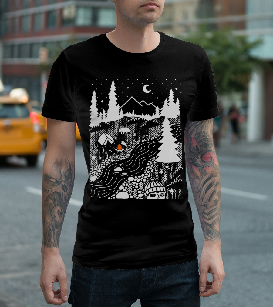 Unwelcome Guest Camping Outdoor Scene With River And Forest Under Night Sky T-Shirt