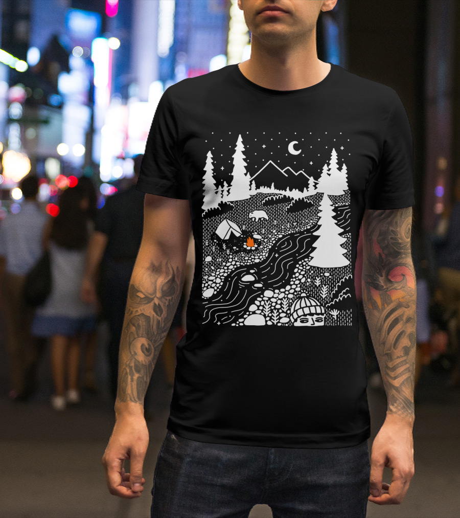 Unwelcome Guest Camping Outdoor Scene With River And Forest Under Night Sky T-Shirt