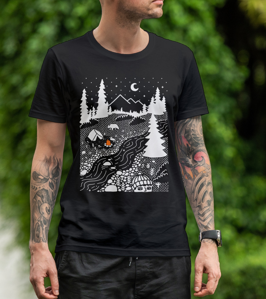 Unwelcome Guest Camping Outdoor Scene With River And Forest Under Night Sky T-Shirt