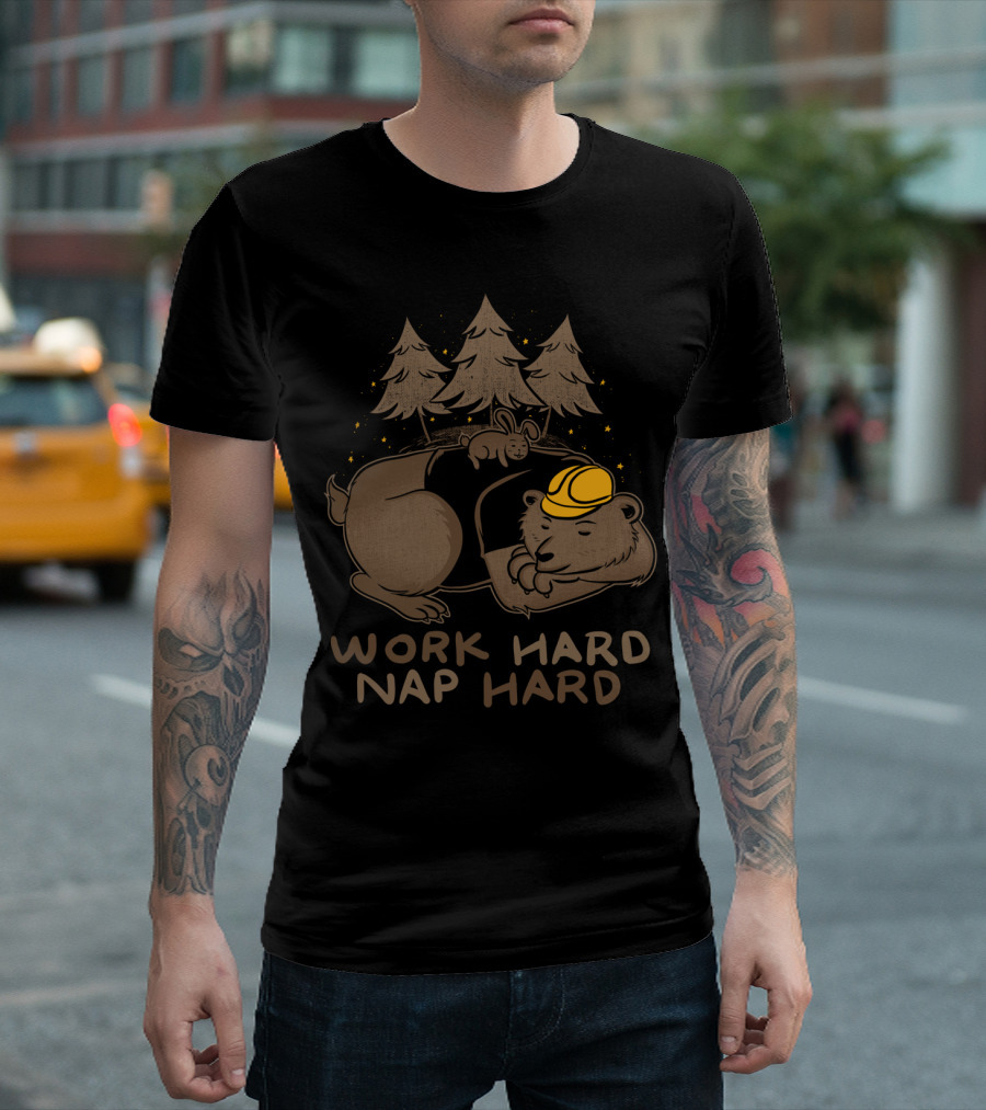 Work Hard Nap Hard Bear Construction Helmet Forest Animals T-Shirt