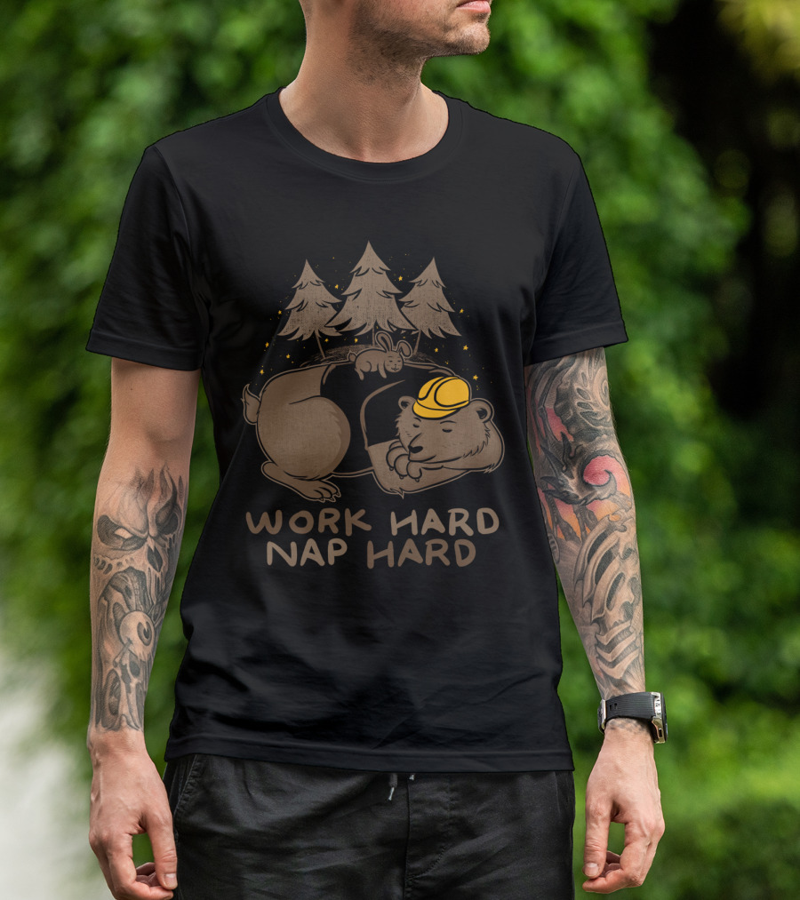 Work Hard Nap Hard Bear Construction Helmet Forest Animals T-Shirt