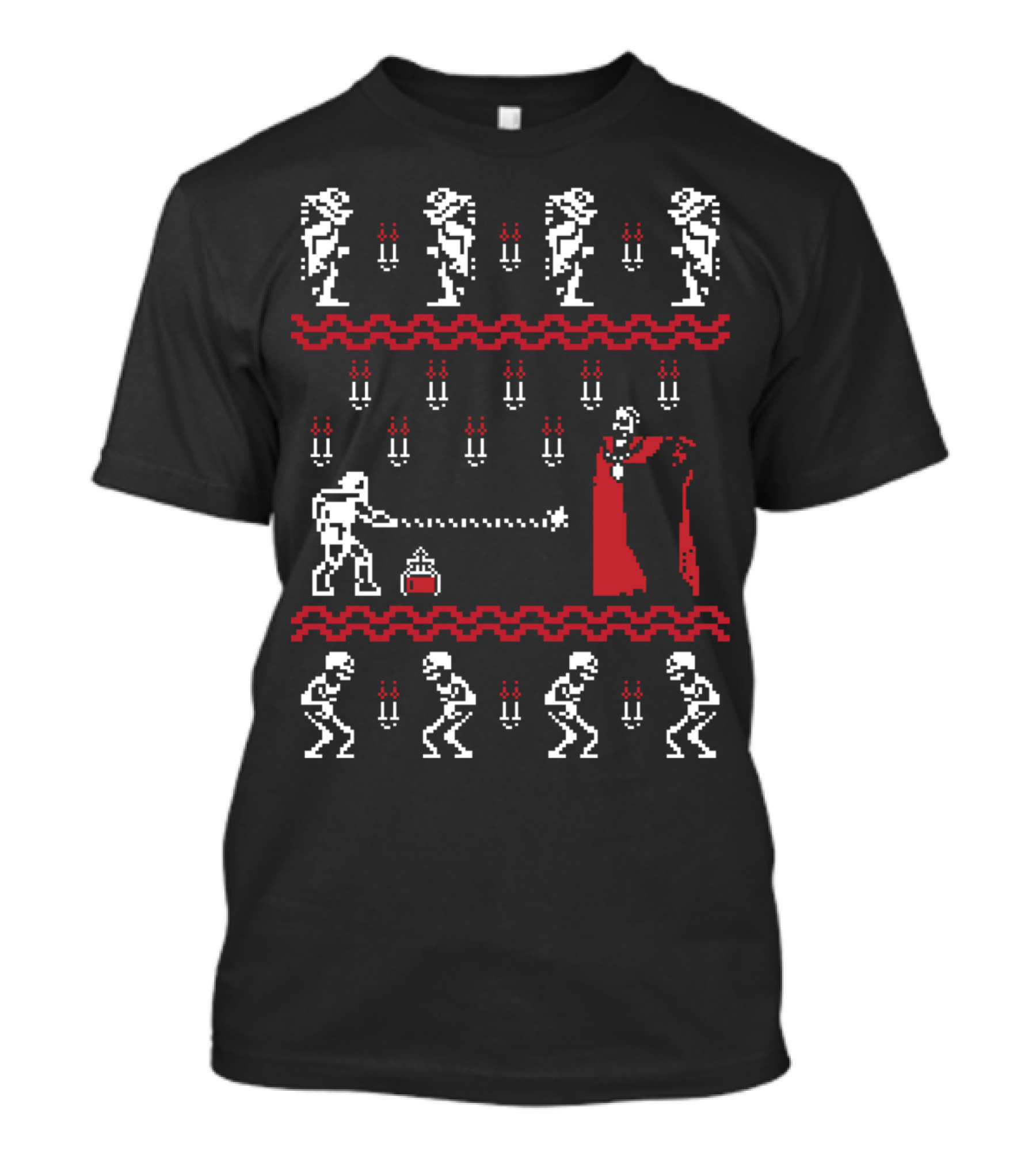 Christmasvania Whip-Wielding Knight Confronts Dracula 8-Bit Scene T-Shirt