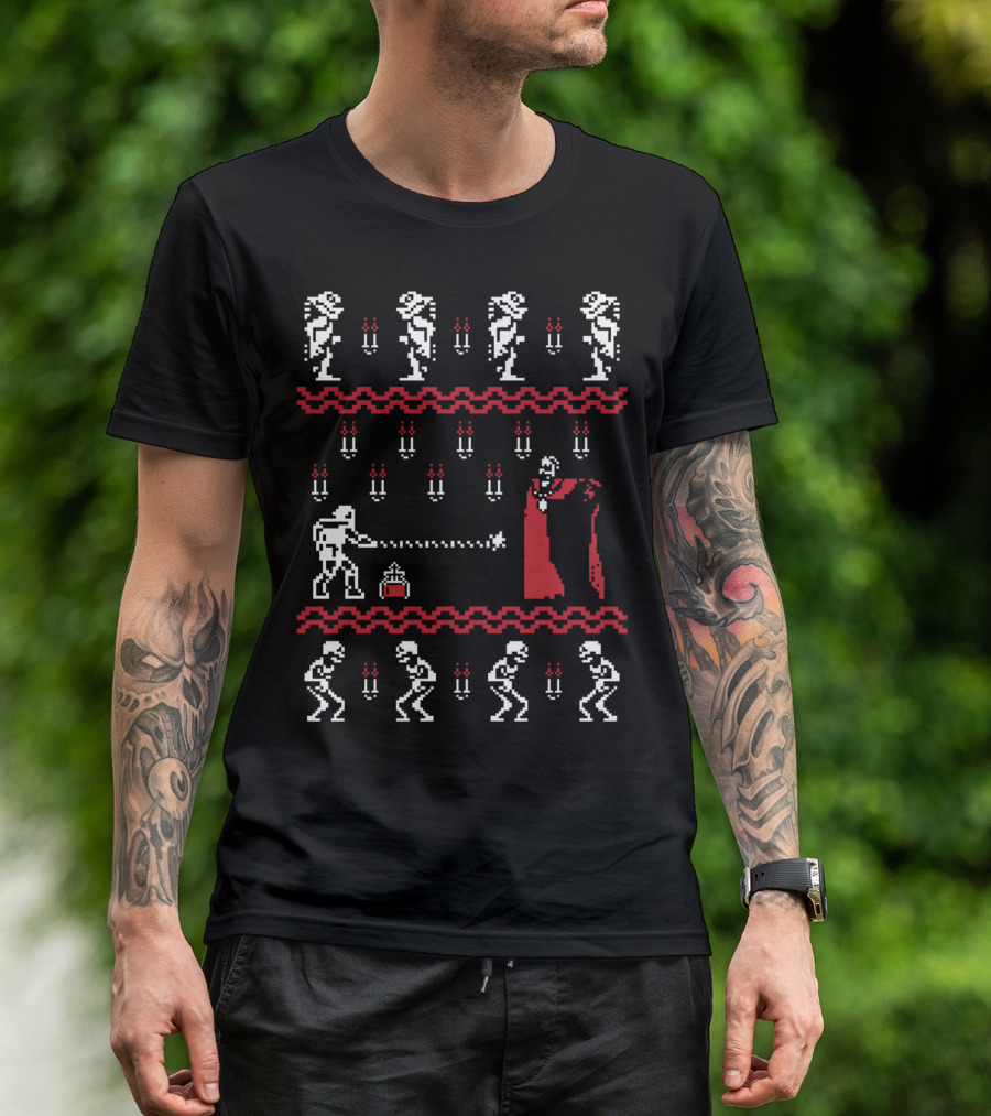 Christmasvania Whip-Wielding Knight Confronts Dracula 8-Bit Scene T-Shirt