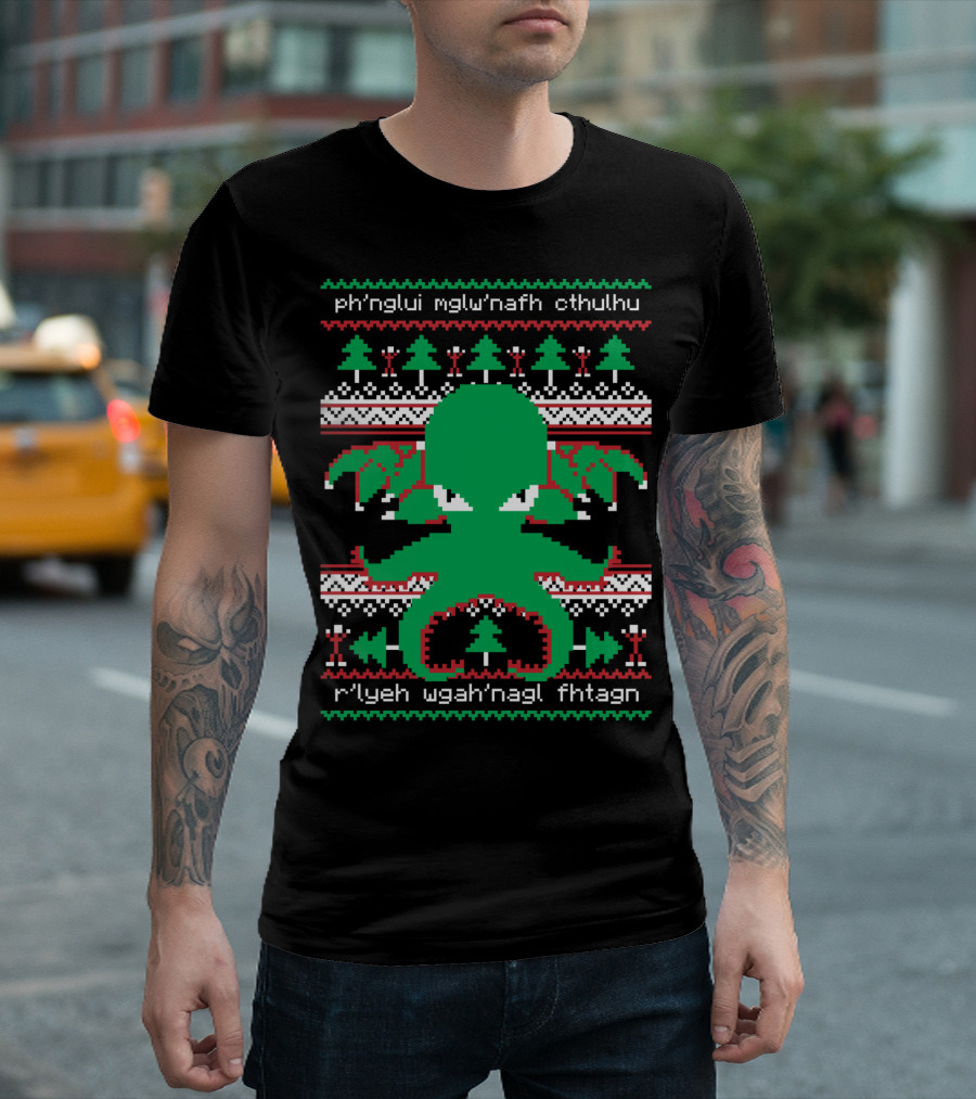 Cthulhu Ugly Christmas Sweater with R'lyeh Text T-Shirt