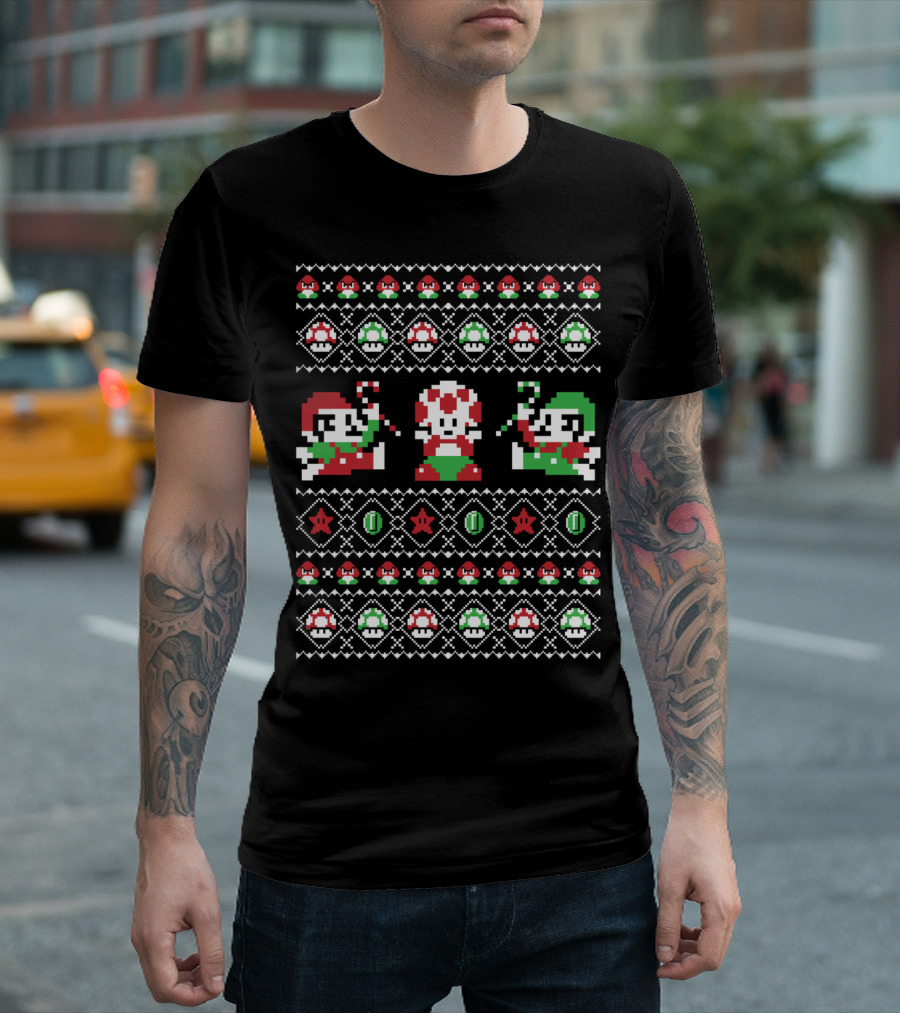 Super Christmas Bros Retro Pixel Holiday T-Shirt