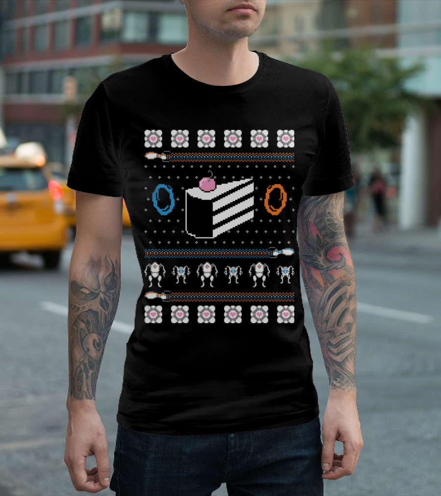 The Christmas Cake Is A Lie Portal-Themed 8-Bit Ugly T-Shirt